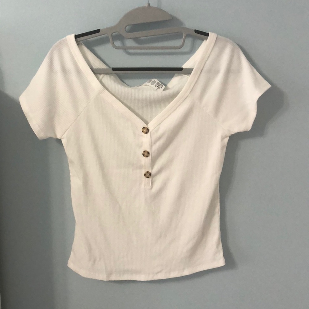 Cream ribbed button off the shoulder top
